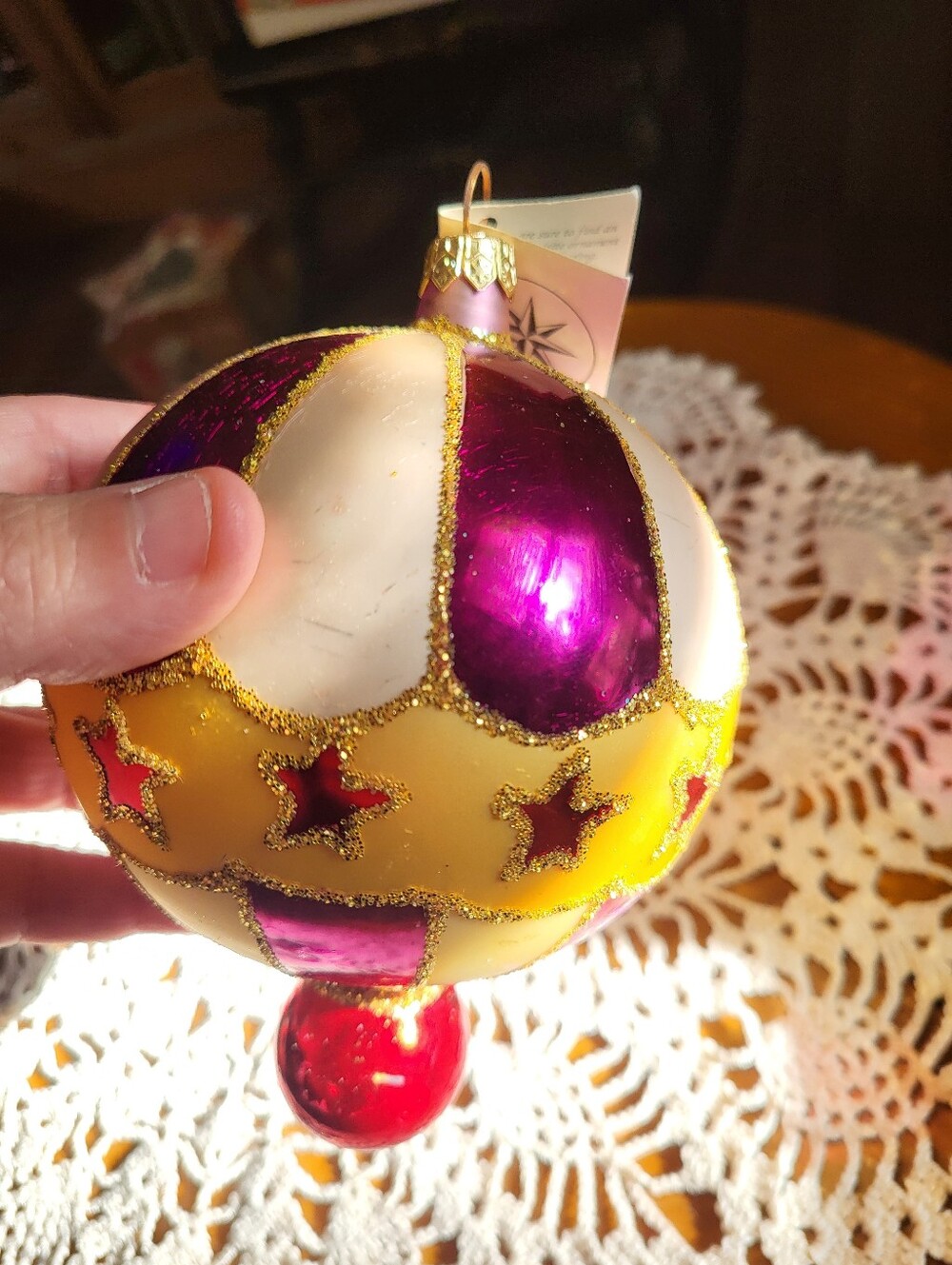 Hand-blown glass Christmas ornament, Christopher Radko harlequin pattern ball